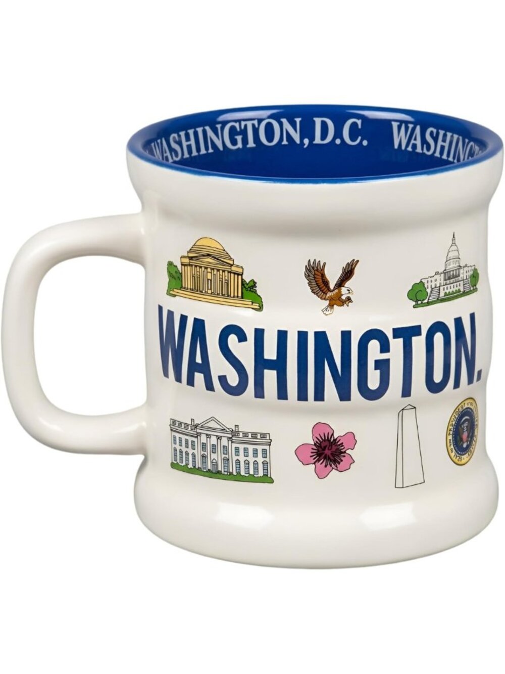 Travel Theme Ceramic Mug, 11oz Blue Coffee Cup, Washington DC Landmarks Souvenir